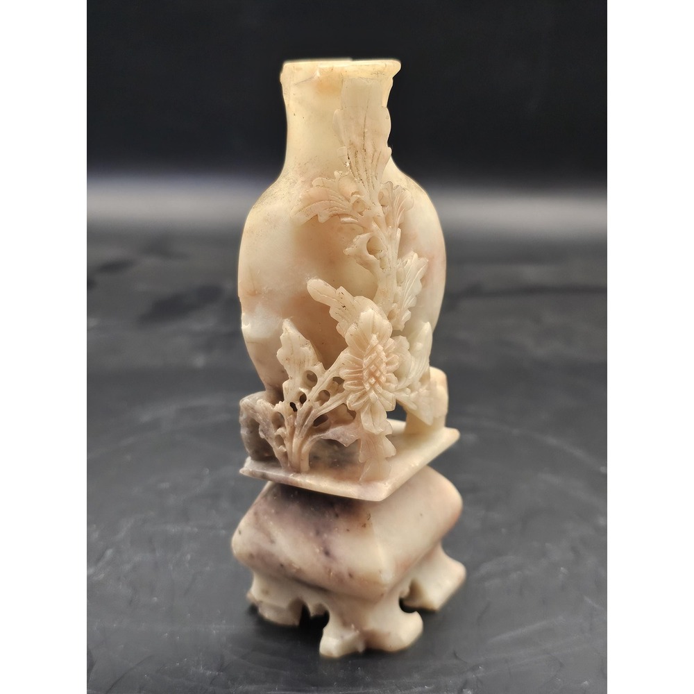 Vintage Chinese Soapstone Small Vase‎ Hand Carved White Floral 4.5in SIGNED